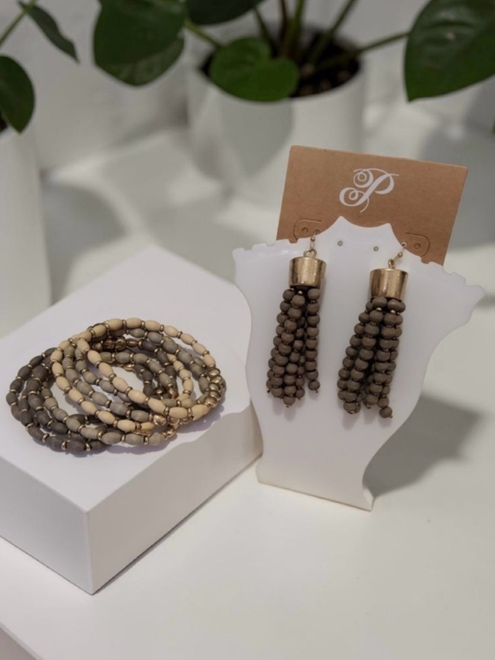 Beaded Tassel Earrings & Bracelet Stack Set Taupe & Cream - New